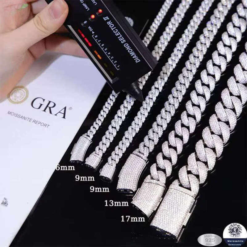 Hot Sale Mossanite 2 Rows 6mm 9mm 13mm Sterling Sier Hip Hop Necklace VVS Moissanite Cuban Link Chain