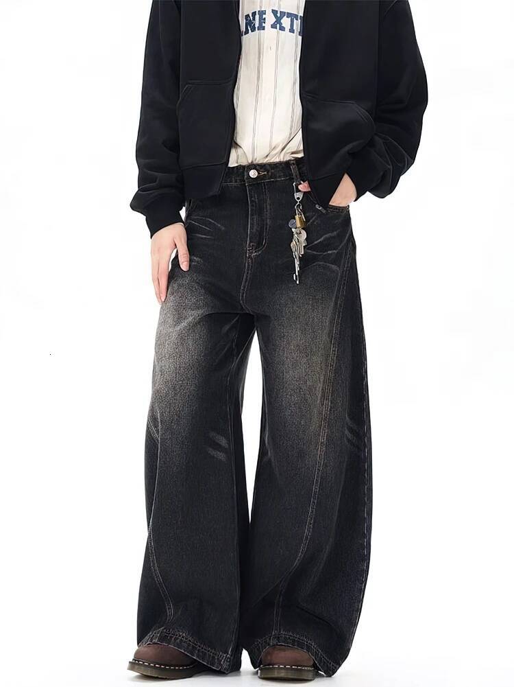 Vintage Black Washed Baggy Jeans Men Wide leg Curved Blade Pants Streetwear Cowboy Casual Denim Straight Trousers dongdumaoyi