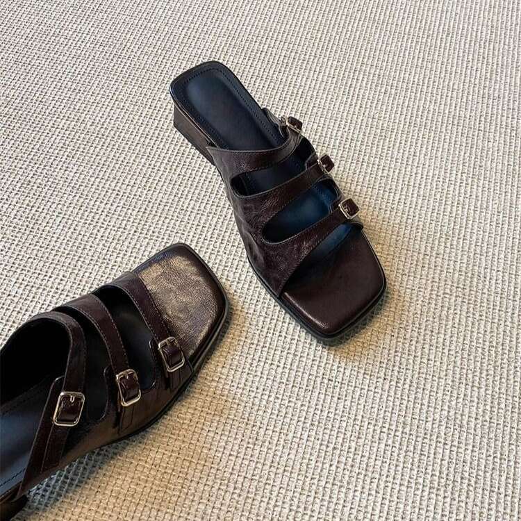35-43 Plus Size Square Toe One-Strap Buckle Sandals for Women New Black Designer Shoe Open-Toe Chunky heel Outdoor Fashion Casual Slippers
