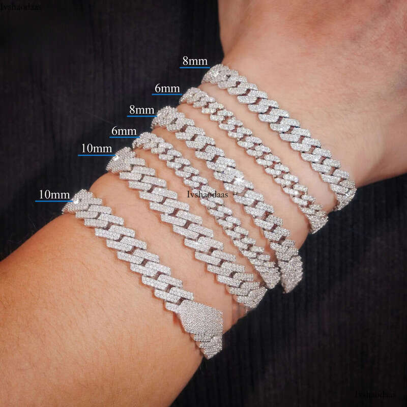 Hot Sale Fine Jewelry Lab Dia S Sterling Sier Rhodium Plated Moissanite Men Cuban Link Bracelet
