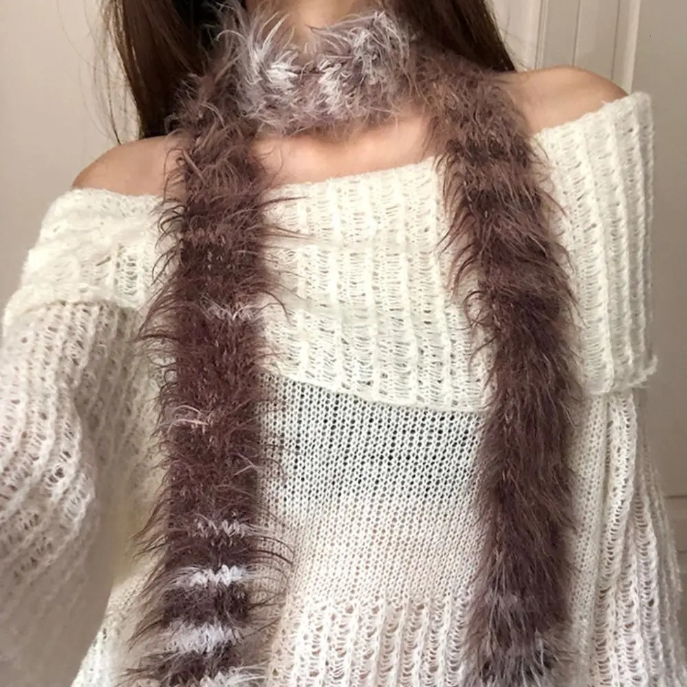Sweet Korean Style Y2K Thin Scarf Rainbow Color Soft Long N Scarves Faux Fur Neck Warmer Harajuku Plush Scarf Female 250929