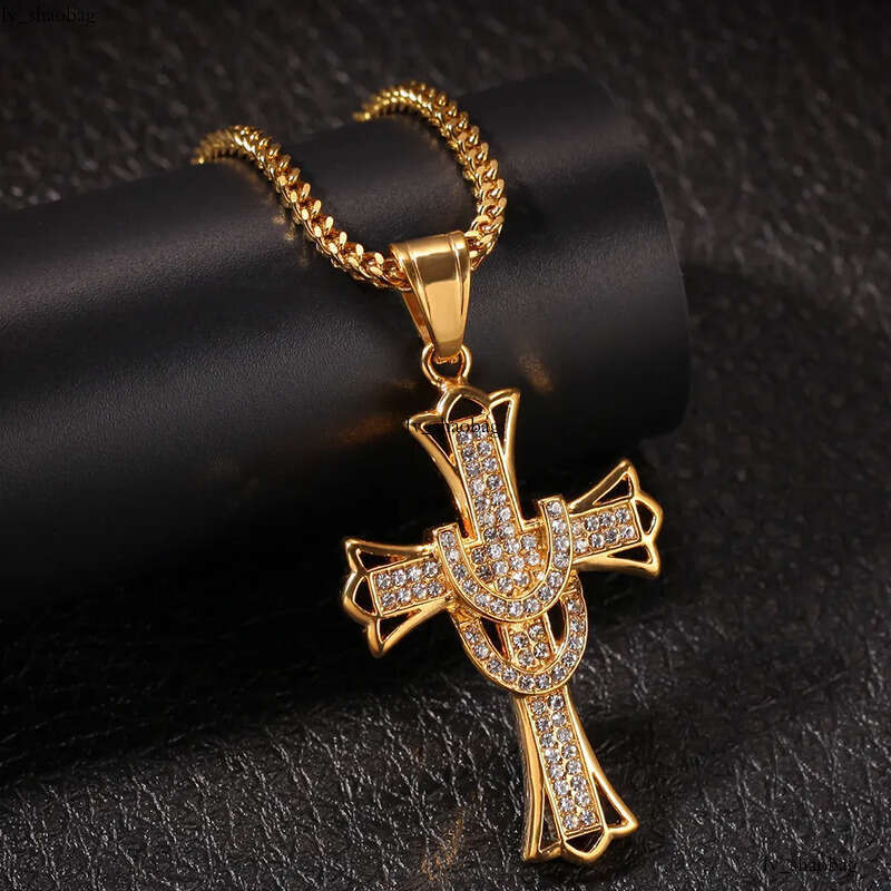 Shining Cross Pendants Necklace Stainless Steel Real Gold Plated Men Gift Religious Jewelry