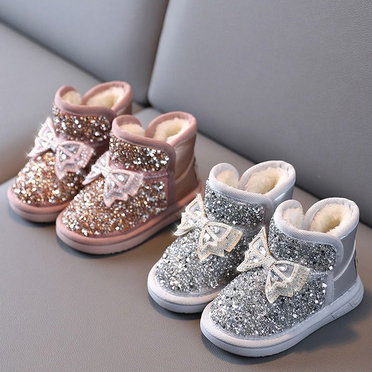 Girls Snow Boots Rhinestone Sequins Kids Fashion Winter Boots Princess Child Kidszworld Toddler Winter Cotton Plush Glitter Boots with Bow Classic Siz
