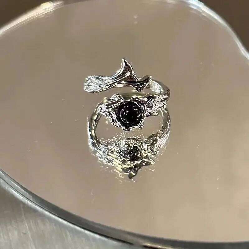 Gothic Irregular Gemstone Aesthetic Girls Adjustable Black Stone Women's Liquid Punk Ring Vintage Jewelry Accessories