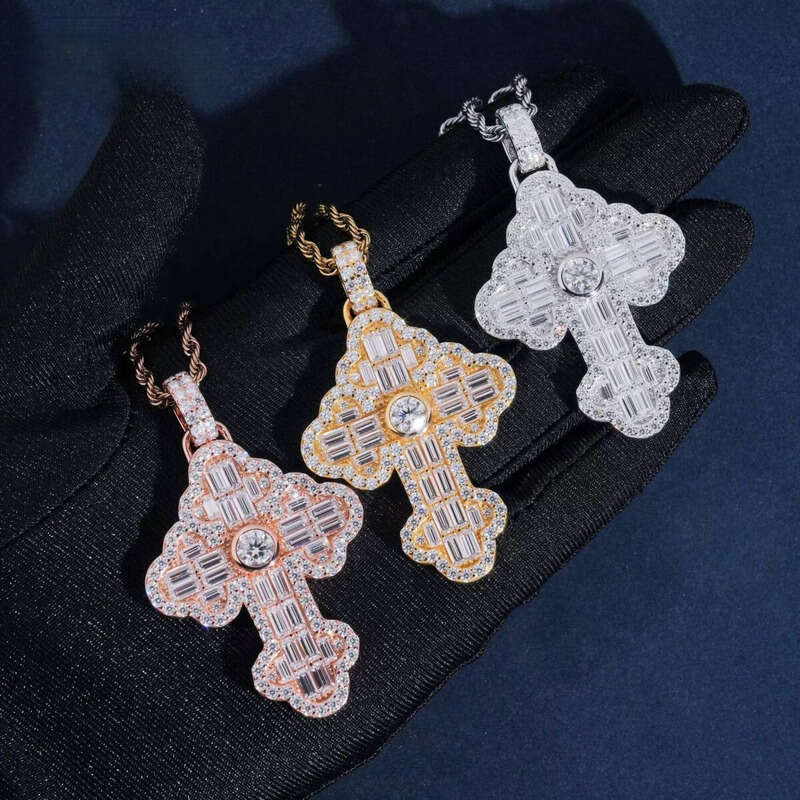Hip Hop Style Tennis Chain Cross Necklace Sparkling Sterling Sier VVS Moissanite Custom Iced Out Pendant