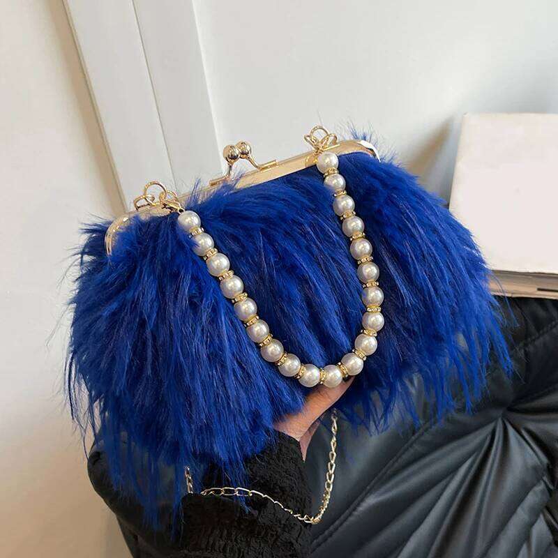 Beading Chain Women's Evening Plush Handbags Faux Fur Tassel Ladies Shoulder Bag Elegant Female Crossbody Bags Party Furry Purse