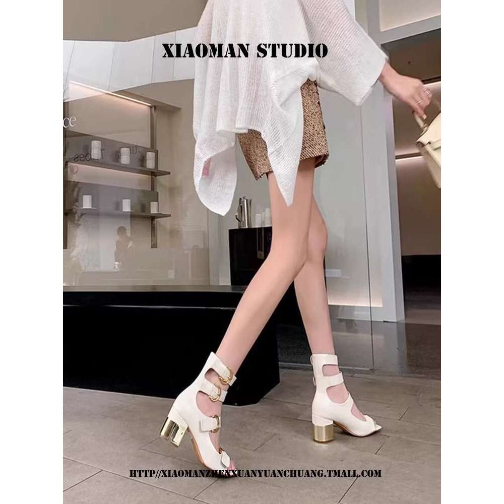 French Niche Design High for Women 2025 New Versatile Chunky heel Peep Designer Shoe Toe Hollow Out Sandals