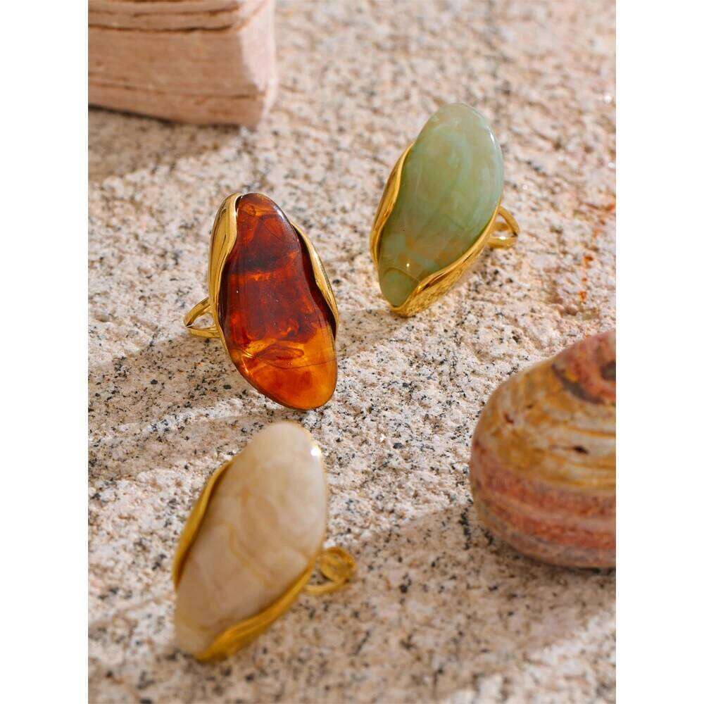 Yhpup New Design Brown Green Beige Resin Geometric Adjustable Ring Golden PVD Stainless Steel Rust Proof Finger Jewelry Gift