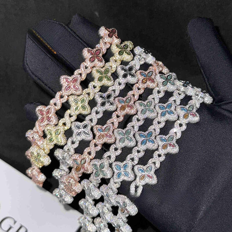 New 15mm Marquise Flower Design Hip hop Jewelry Iced out Unisex Cuban Link Chain Sier Moissanite Bracelet