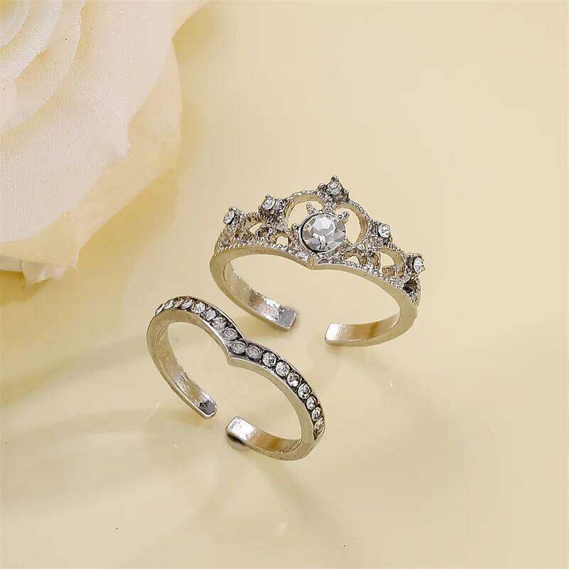 2PCS Fairy Sparkling Crown Rings for Women Teen Crystal Korean Adjustable Siery Anniversary Gift Party Queen Ring Set Jewelry