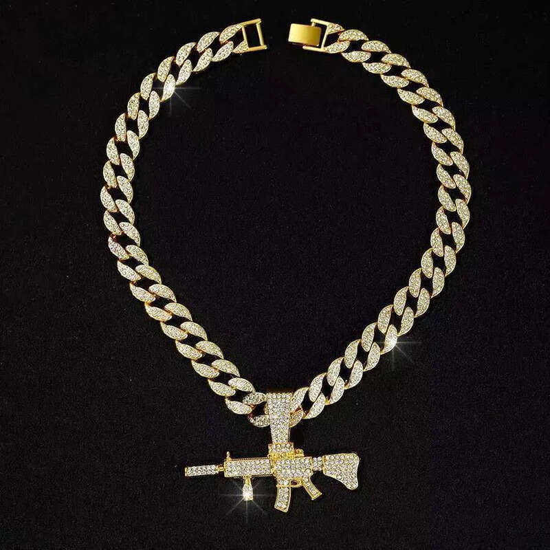 DHCollections Unisex Hip Hop Gun Pendant with Dia Crown-shaped Cuban k Punk Style Necklace Zinc Alloy Buddhism Rope Chain