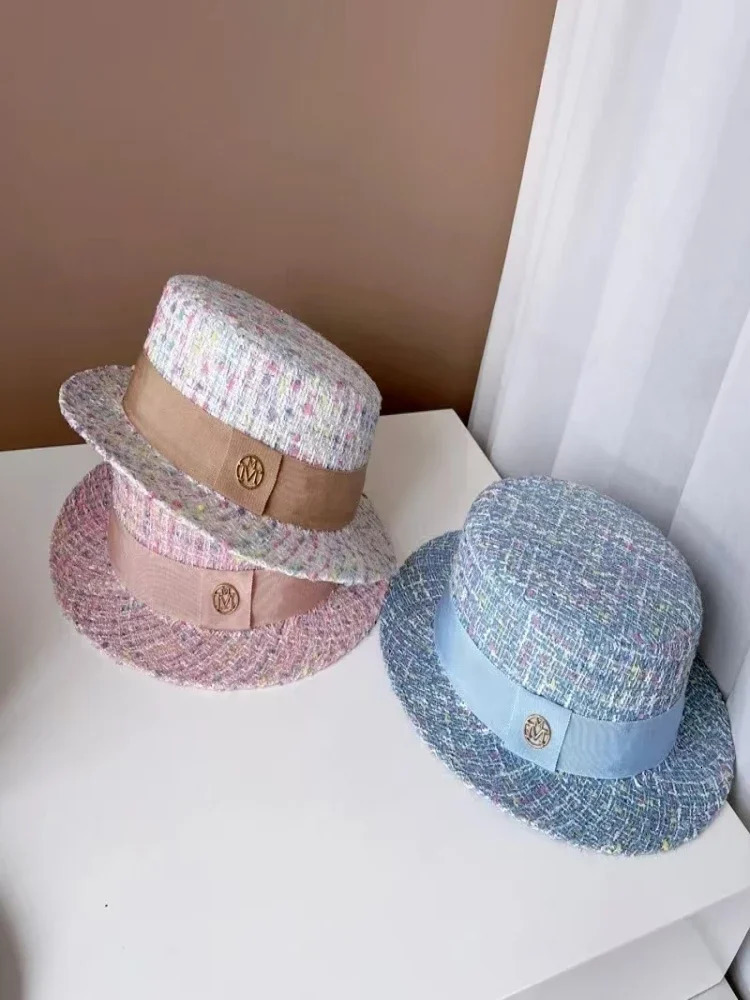 Europe and America xiao xiang style pearl flat top color jacquard hat pink tweed top hat womens autumn and winter fashion hats 250930