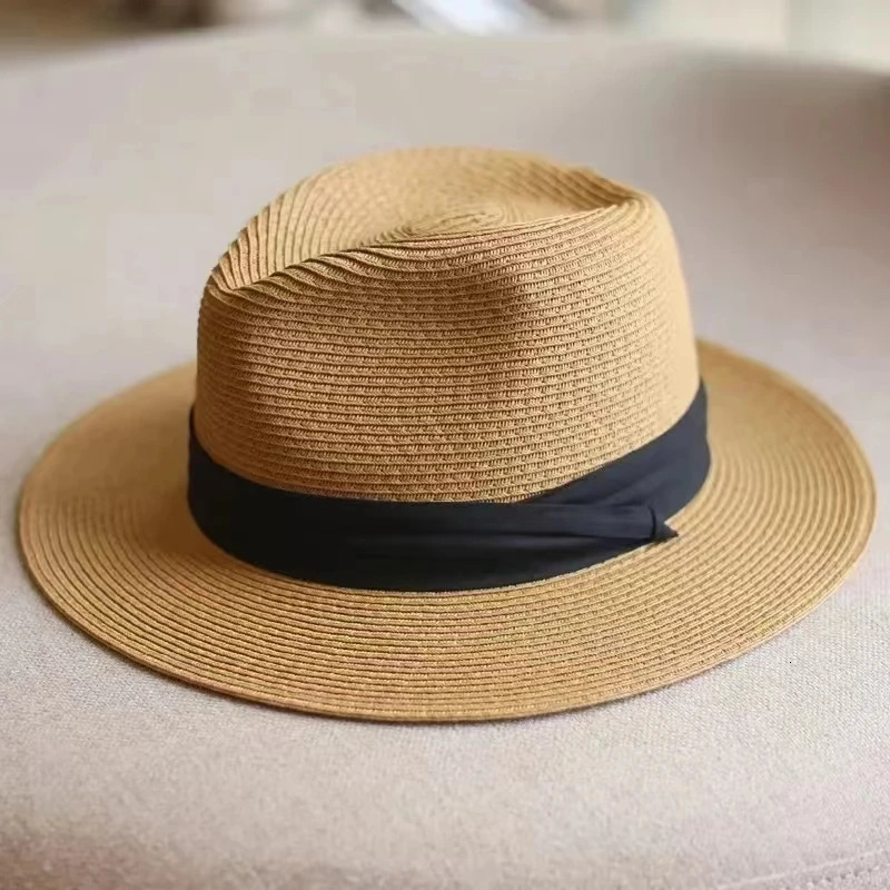 Large Size 5557 6162cm Natural Panama Straw Hat Summer Men Women Wide Brim Beach UV Protection Fedora Sun Hat Wholesale 250930