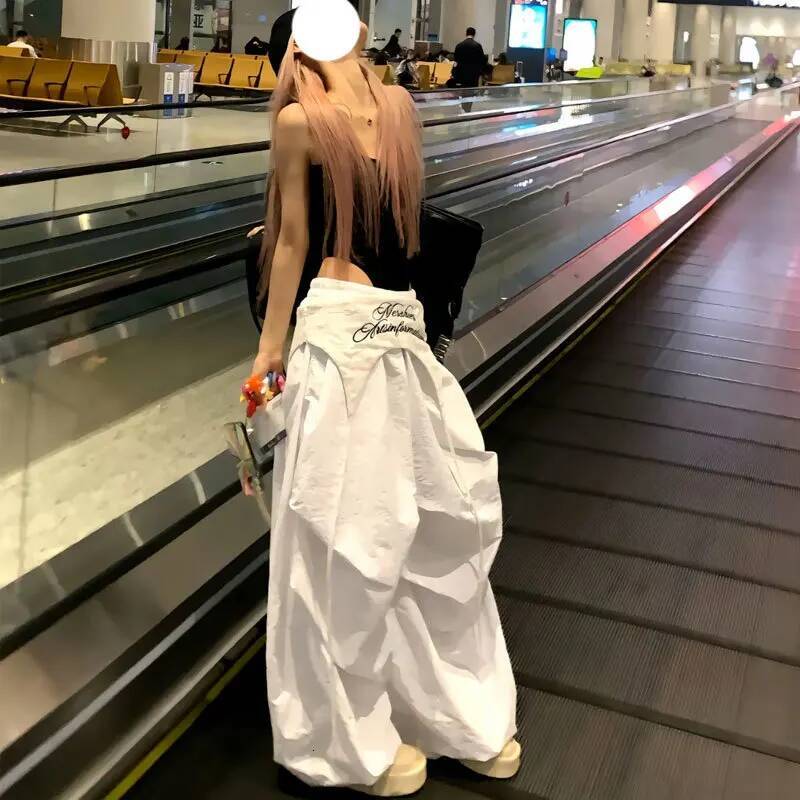 Y2K White Cargo Pants Women Streetwear Embroidery Baggy Sweatpants Haruku Wide Leg Joggers Summer Oversized Trousers New dongdumaoyi
