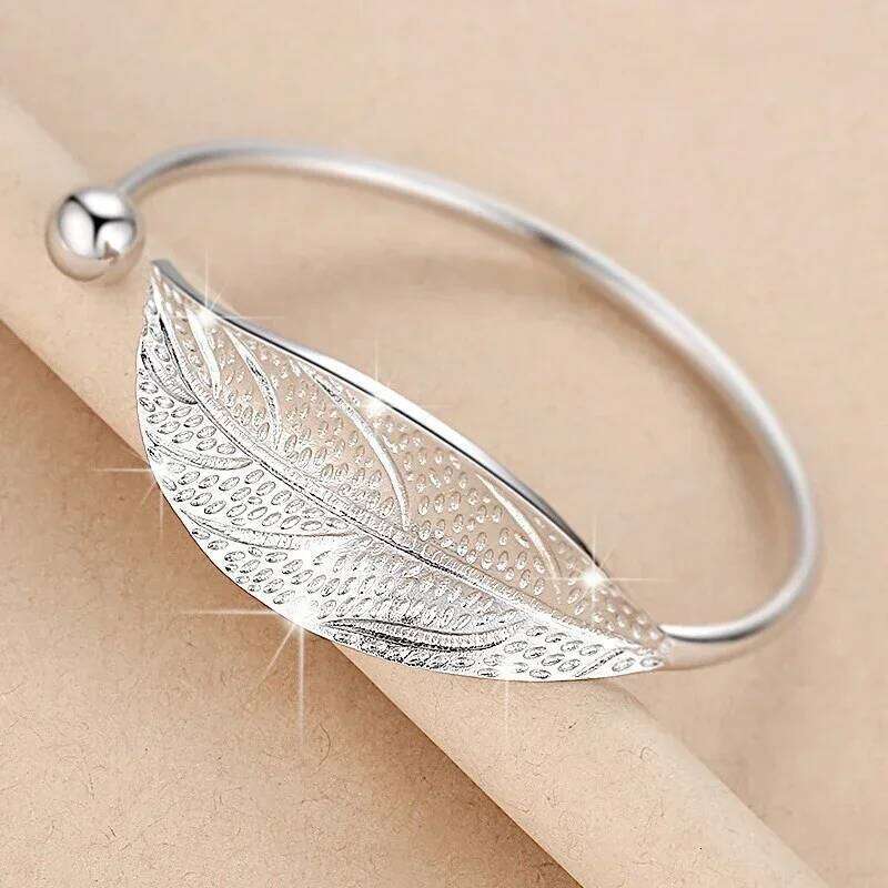 Fashion Sterling Sier Cuff Bracelet For Woman Open Leaf Shaped Adjustable Charm Bangle Bracelets Party Jewelry Gift