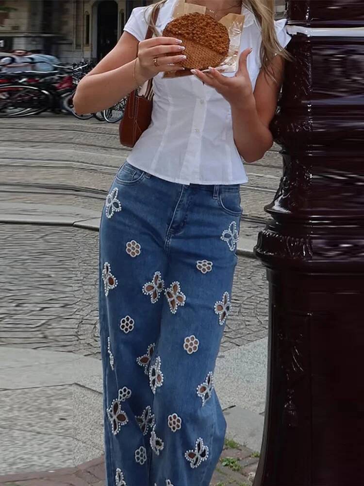 Chic Pearl Flower Cut Out Denim Jeans Pant Women's High Waist Wide Leg Trousers Y2K Style Summer Streetwear Party Casual Pants dongdumaoyi