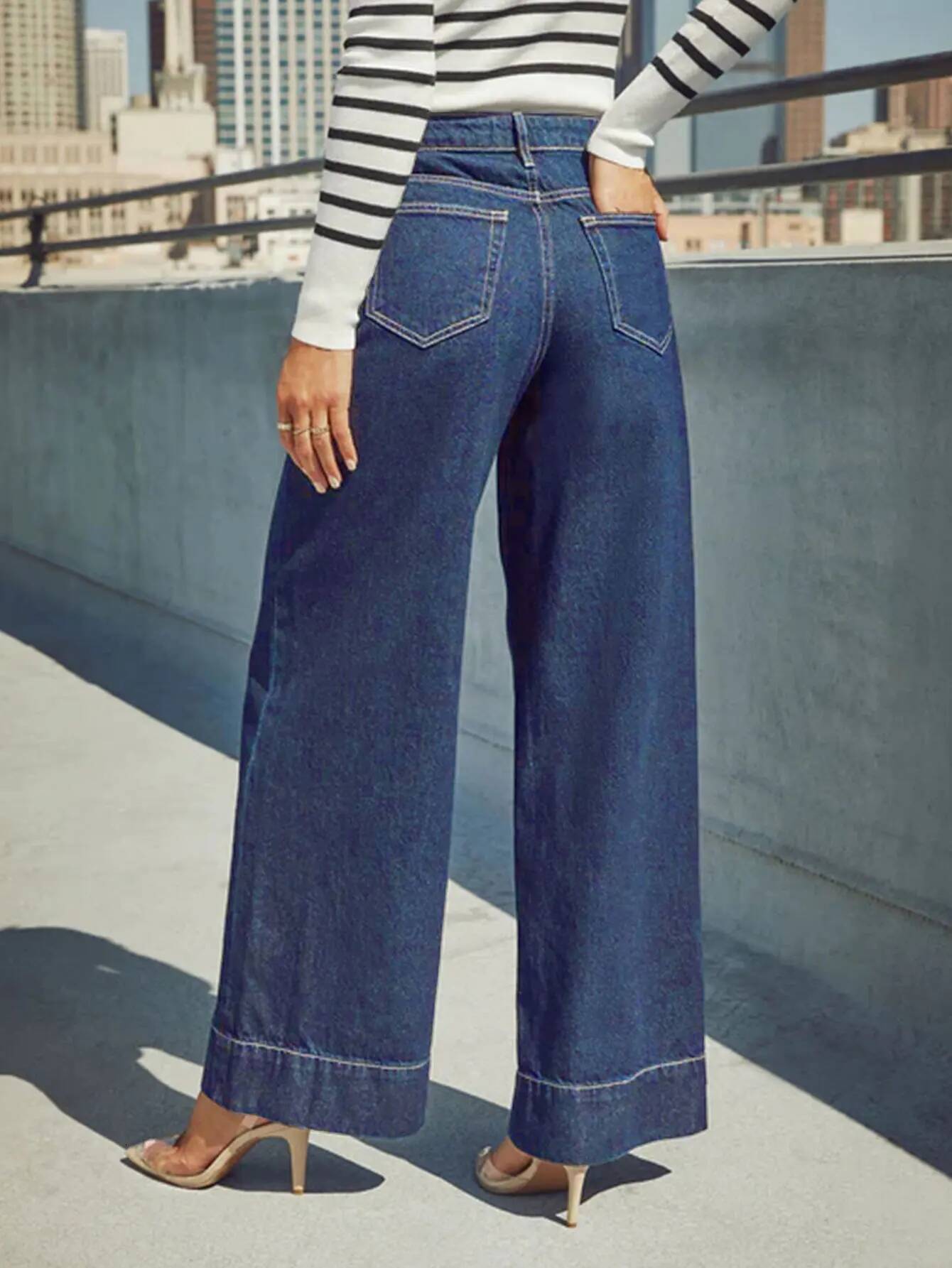 Women's Classic Blue High Rise Wide Leg - Stretch with Button Fly, Soft and Comfortable, Slim Fit Vintage Wash Jeans dongdumaoyi