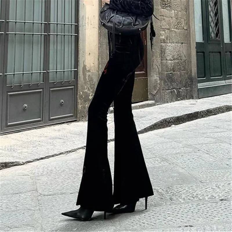 Goth Dark Veet High Waist Flare Pants Haruku Fashion Cross Embroidery Soft Long Pant Women Autumn Mall Gothic Slim Trousers dongdumaoyi