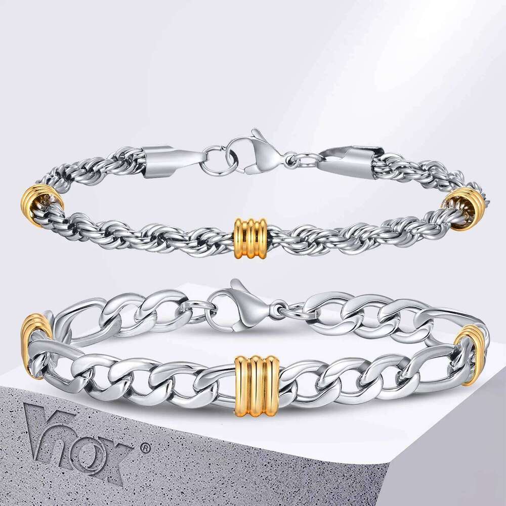 Vnox Stylish Rope Chain Bracelets with Tubes Charms,Simple Cuban Links Bracelets,Stainless Steel Trendy Fashion Writband Jewelry