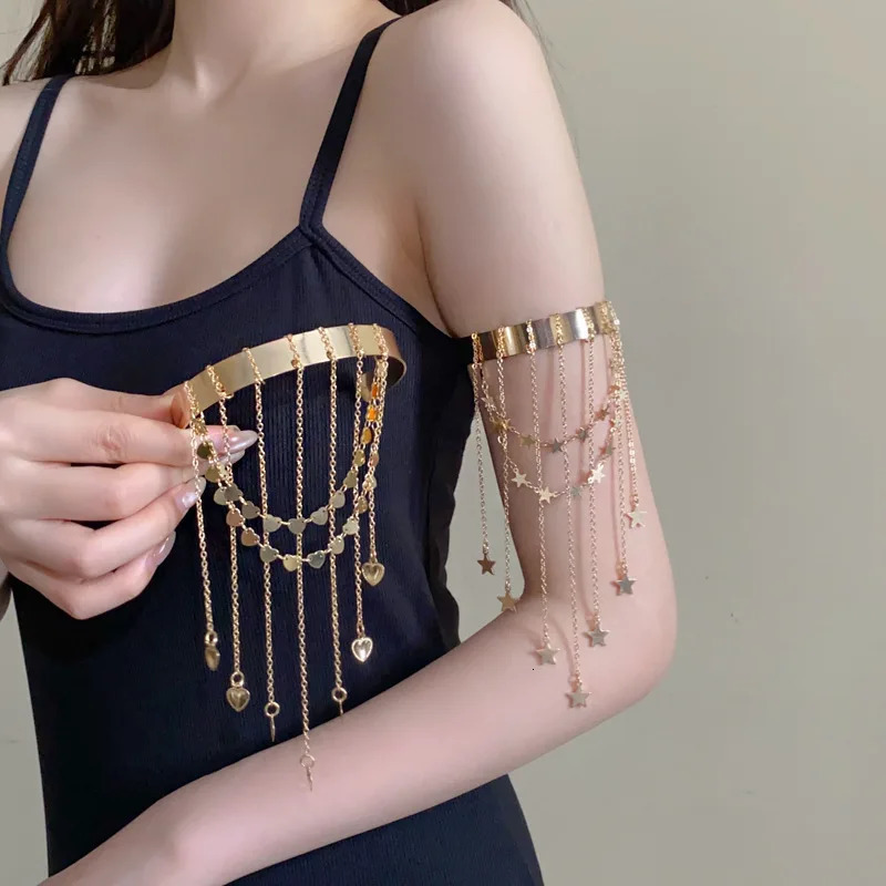Vintage Star Heart Fringe Open Upper Arm Bangle for Women Gold Color Long Link Chain Bracelet Bohemia Star Party Jewelry Gift 250930