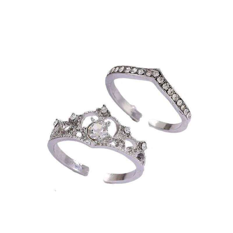 2PCS Fairy Sparkling Crown Rings for Women Teen Crystal Korean Adjustable Siery Anniversary Gift Party Queen Ring Set Jewelry