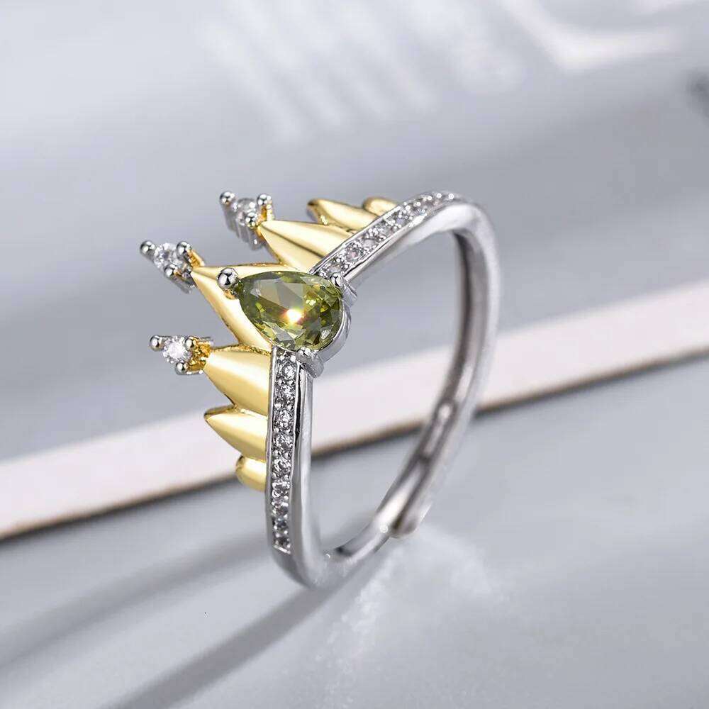 Princess Crown Ring, Jewelry For Women ,Trendy Wedding Party Accessories,Sier Plated ,Adjustable, Green Zircon , Ring Gifts