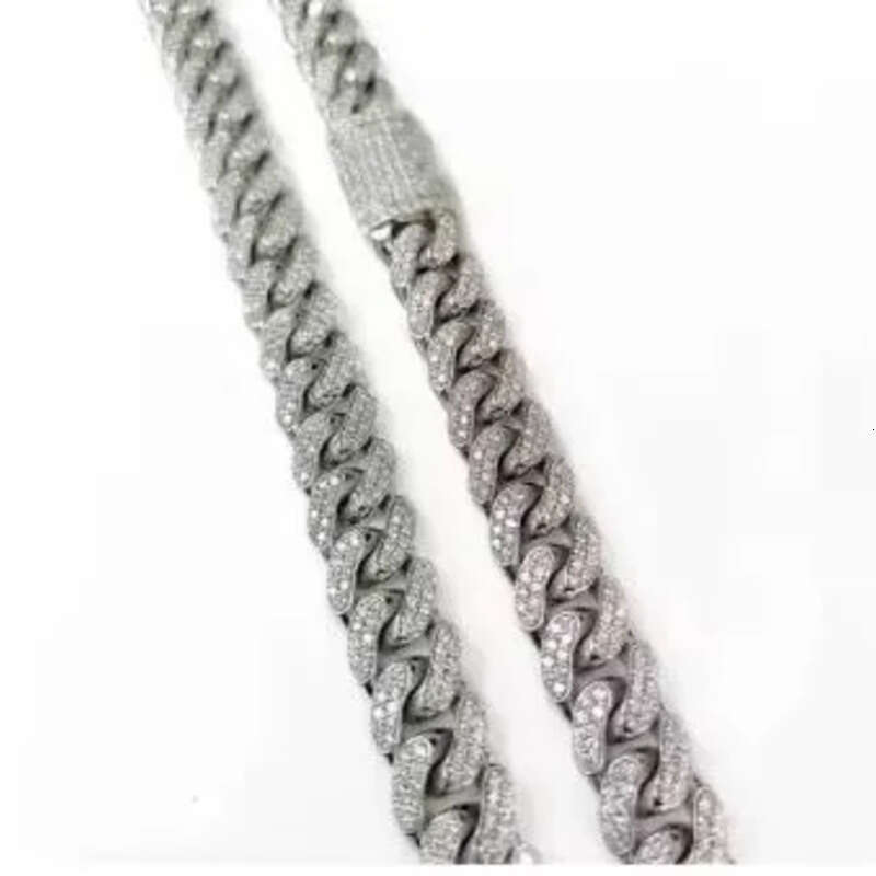 12MM Solid Sier Hip Hop Cuban Link Chain Gold Plated with Studded VVS1 Moissanite Dia Passes Tester 16-30 Inches
