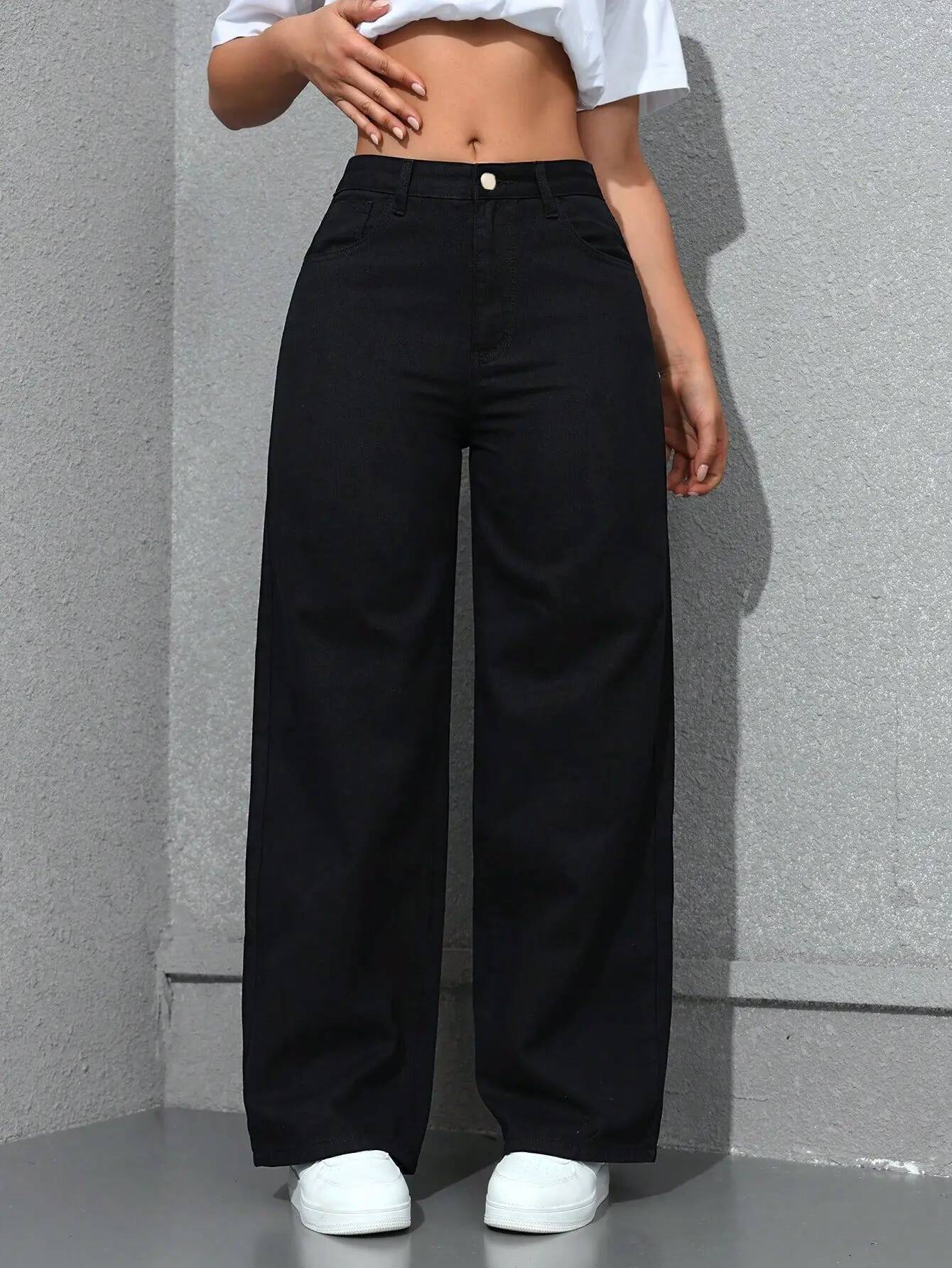Retro Loose Wide Leg Jeans Fashion Women Solid Straight Wash High Elastic Waist Denim Pants Casual Streetwear Pocket Trousers dongdumaoyi