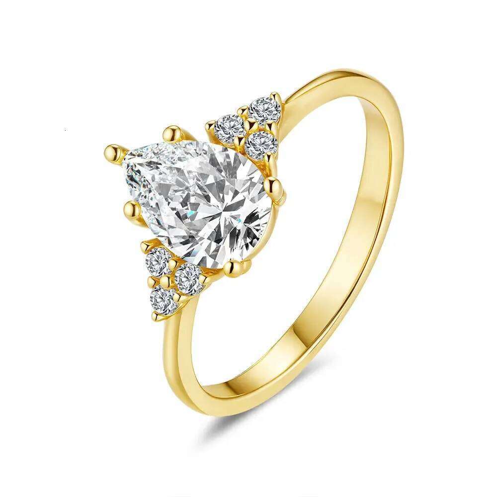 100% Real Gold Women's Drop Dia with Pear-Shaped Moissanite Ring