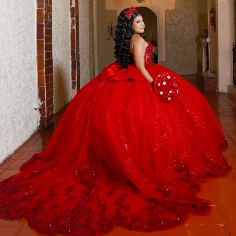 Red Shiny Quinceanera Dresses Off The Shoulder Sequin Applique Lace Beading Bow Tull Party Birthday Sweet 16 Dress Vestidos 15 De Anos