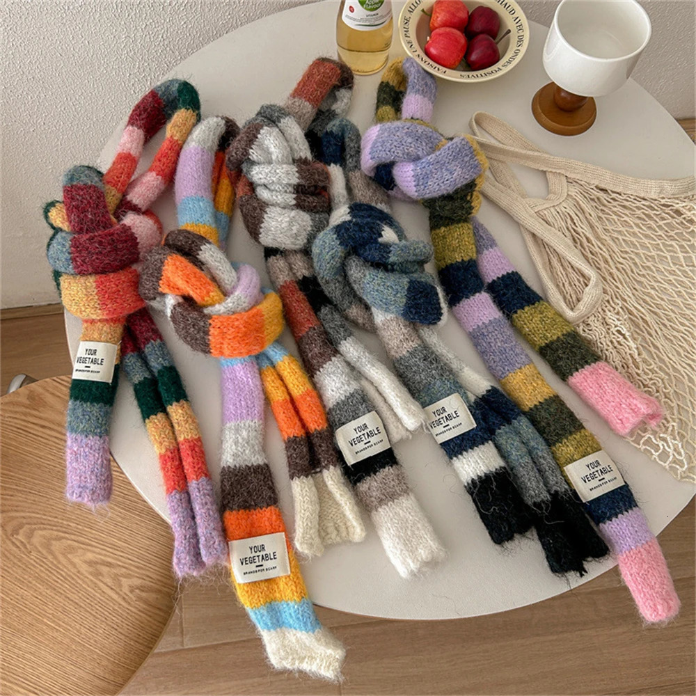 Women Rainbow Stripe Knitted Scarf Patchwork Clashing Colors Long Soft Scarves Female Winter Premium Feeling Weenie Scarf Shawl 250930