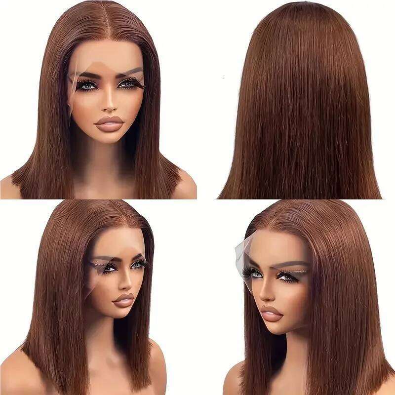 Chocolate Brown Short Bob Bone Straight200 Densitybrazilian 13X4 HD Transparent Lace Front Human Hair Wig For Women Xiusiyuan2510