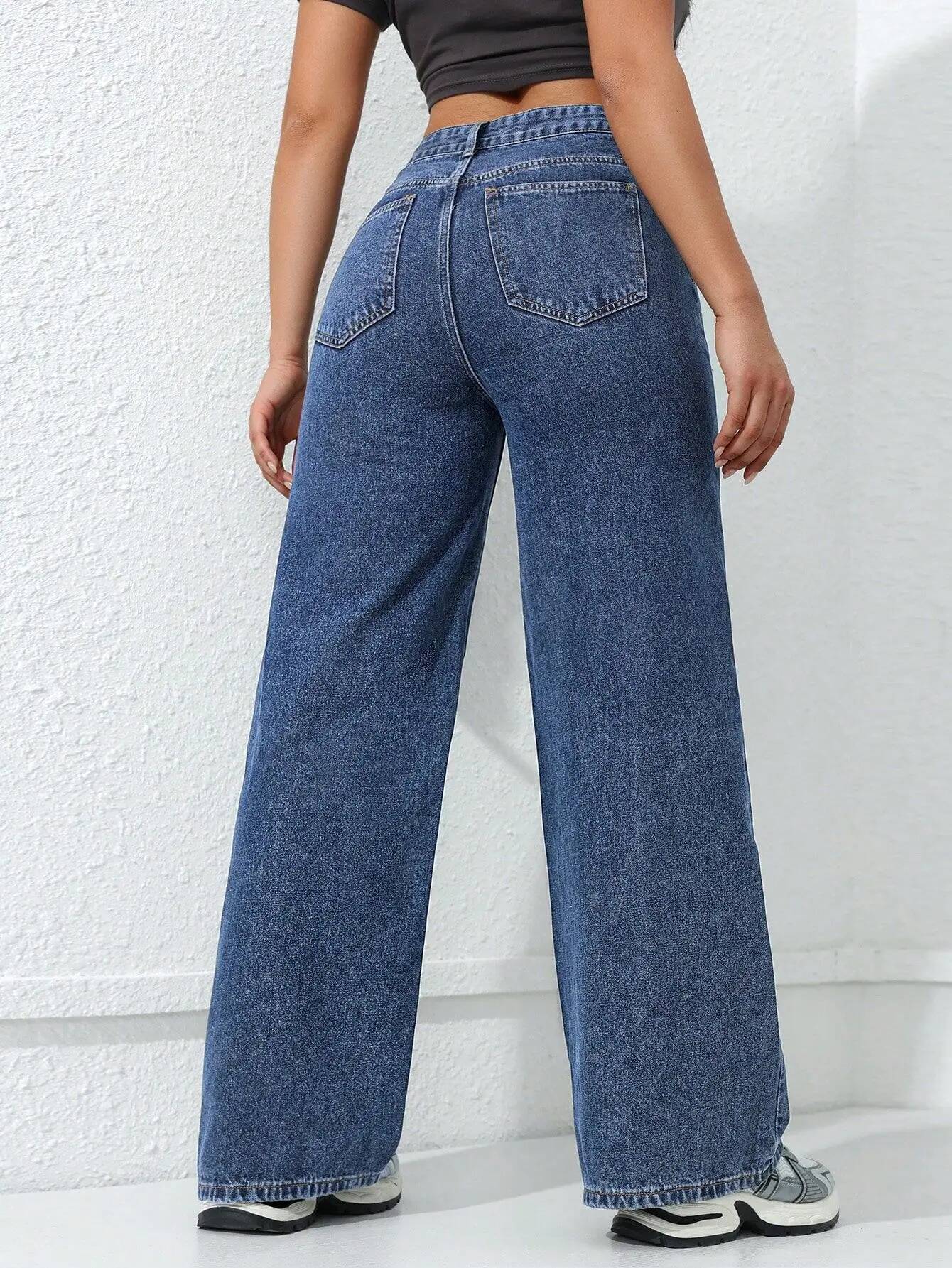Retro Loose Wide Leg Jeans Fashion Women Solid Straight Wash High Elastic Waist Denim Pants Casual Streetwear Pocket Trousers dongdumaoyi
