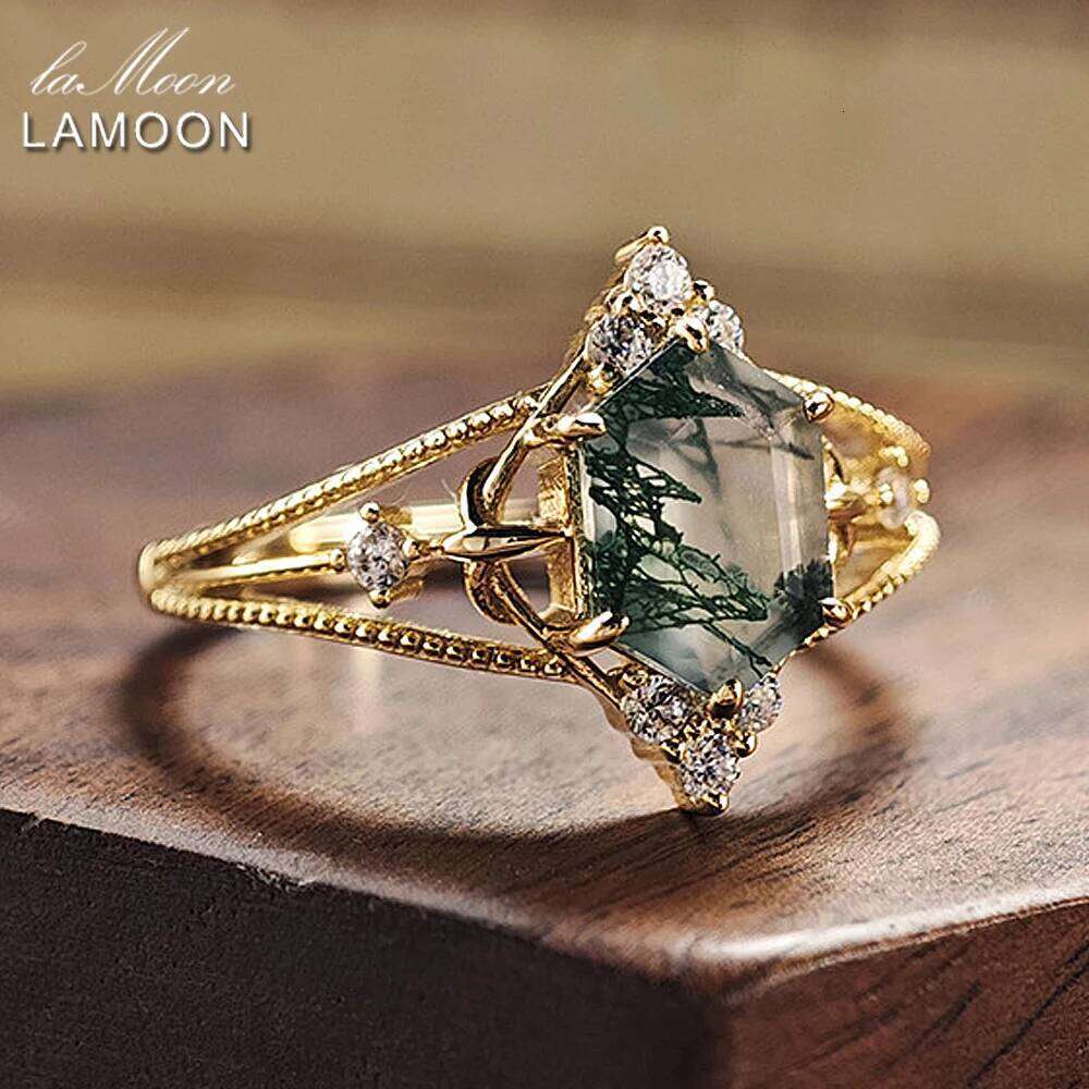 LAMOON Green Moss Agate Ring For Women New Princess Cut Natrual Gemstone Sterling Sier Gold Plated Fine Jewelry Party Gift