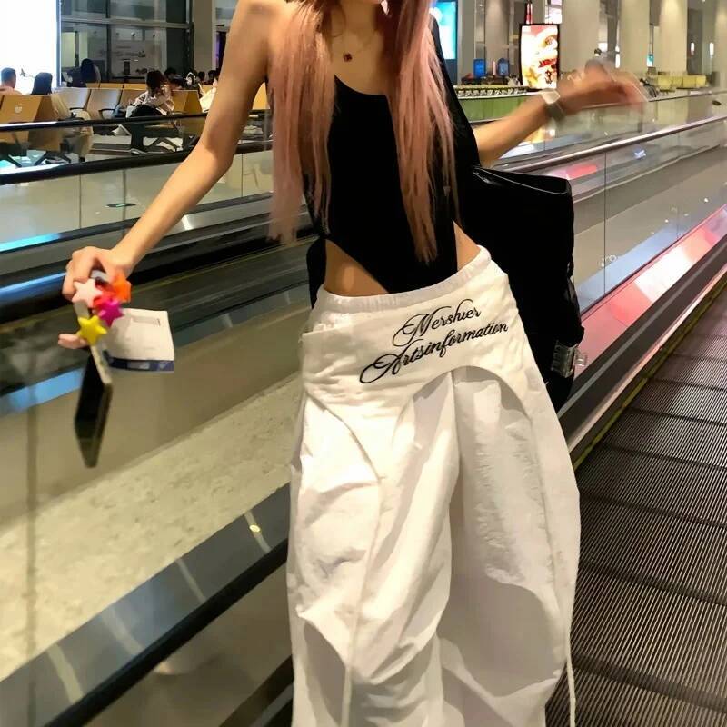 Y2K White Cargo Pants Women Streetwear Embroidery Baggy Sweatpants Haruku Wide Leg Joggers Summer Oversized Trousers New dongdumaoyi