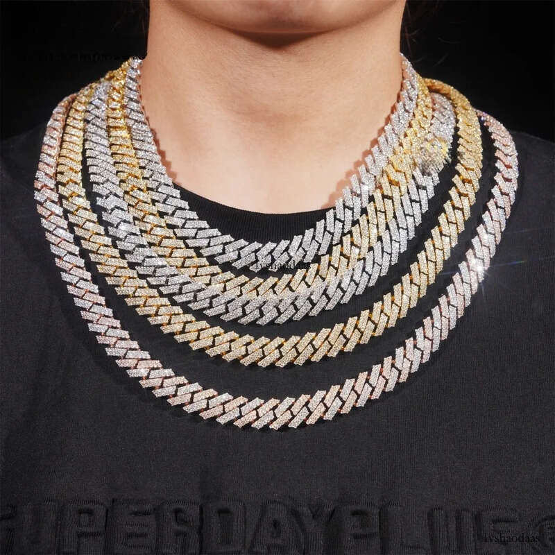 Ready Made Leading Factory Direct Sale 12mm Cuban Link Moissanite 2 Row Prong Chain Pass Dia Tester GRA Certification