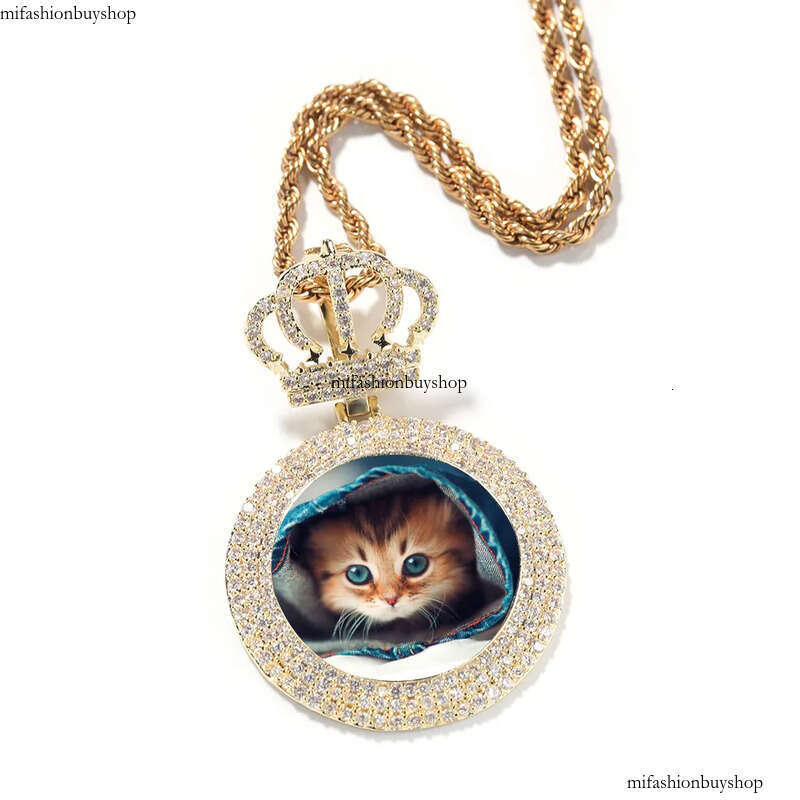 Custom Photo Pendant Necklace Crown Clasp Round Memorial Frame Medal Pendants