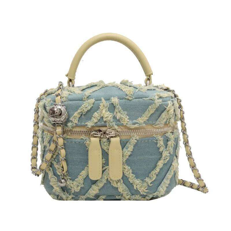 Womens Niche Design Denim Small Ashionable Mini Hand-held Box Summer Chain Crossbody Blue Color Funny Simple Bag