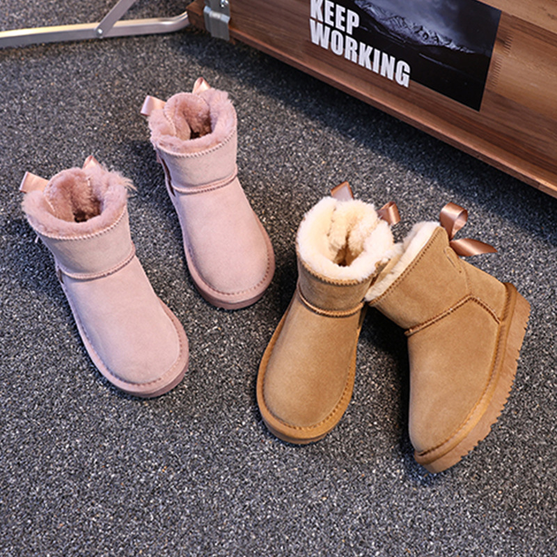 EBV designer shoes free shipping High quality cowhide new warm and anti slip fashionable bow children's snow boots size 25-36 black brown pink