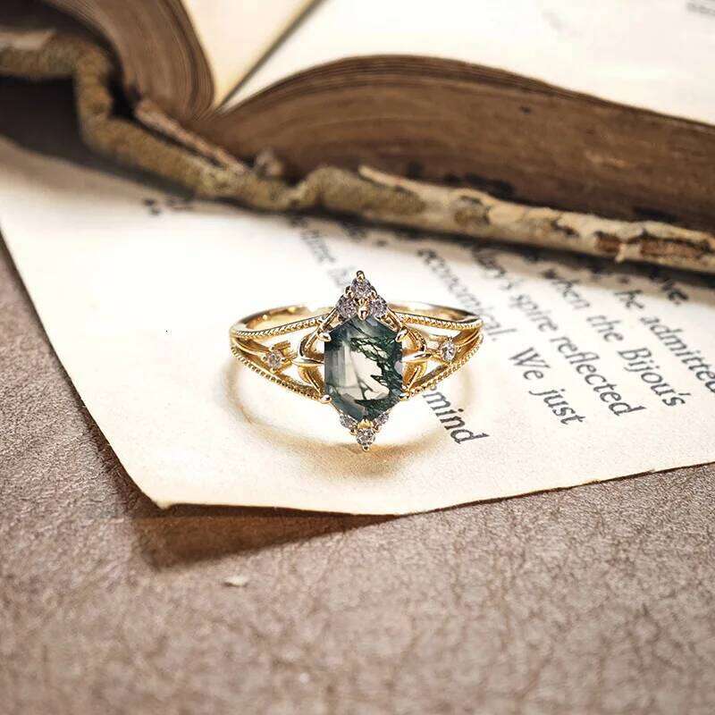 LAMOON Green Moss Agate Ring For Women New Princess Cut Natrual Gemstone Sterling Sier Gold Plated Fine Jewelry Party Gift