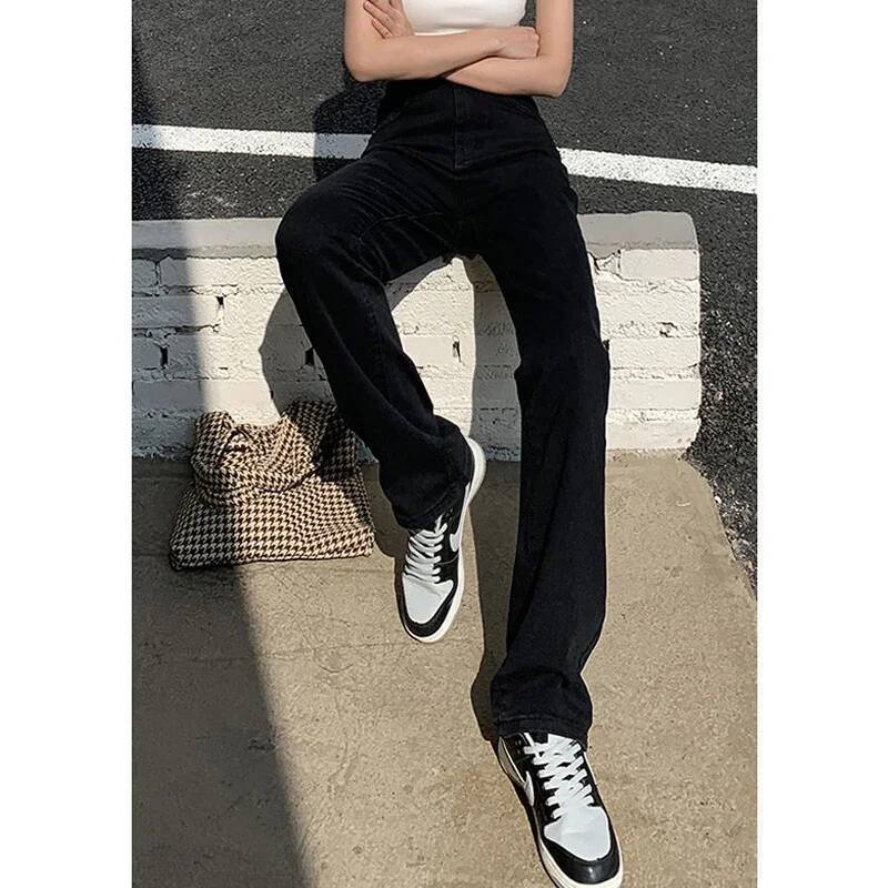 Woman Korean High Waist Streetwear Straight Leg Jeans Girls Y2k Clothes Pants Female Fashion Black Baggy Haruku Denim Trousers dongdumaoyi