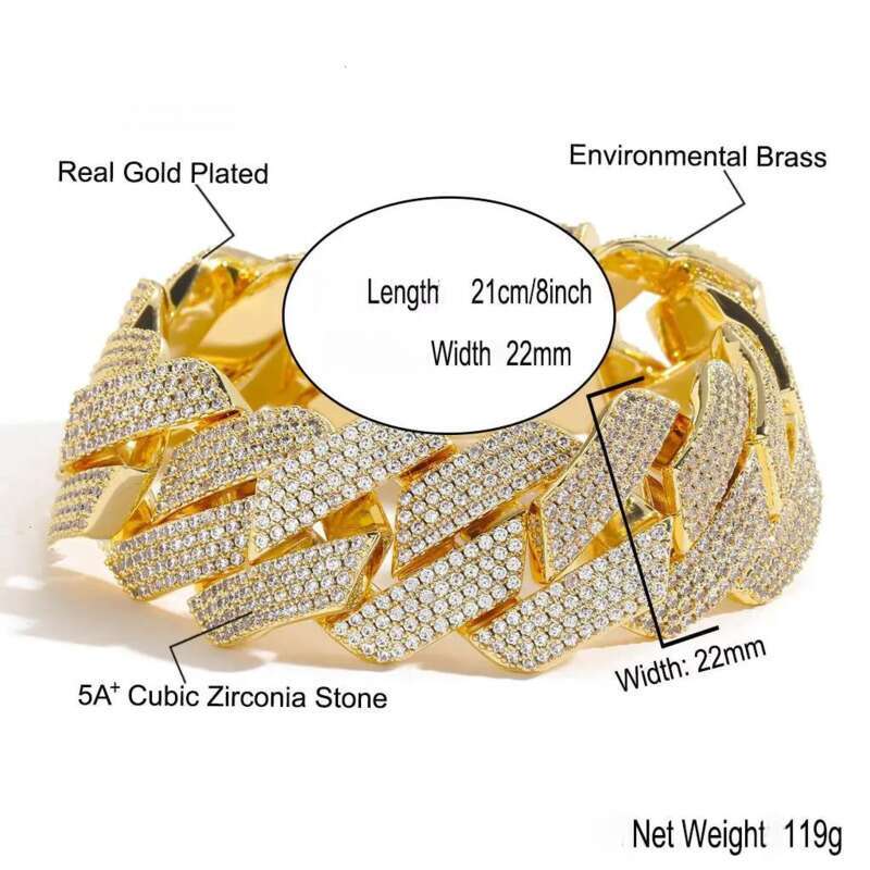 BES 22mm Iced Out 4 Rows CZ Dia Cuban Link Chain Gold Plated Fashion Hip Hop Jewelry Bracelet Necklace for Men