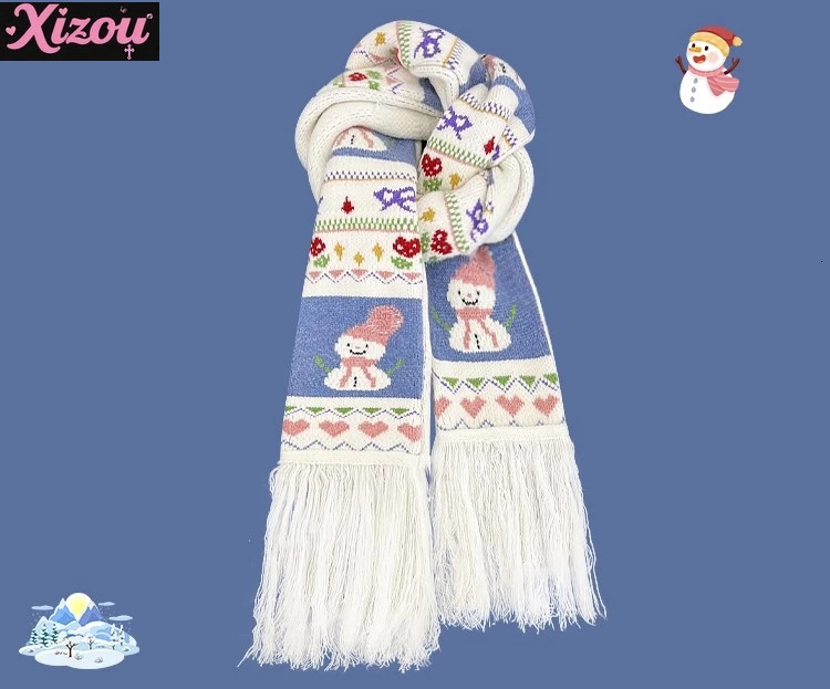 Japanese Retro Jacquard Soft Snowman Hand Embroidered Fringed Scarf To Keep Warm Niche Fashion Versatile Knitted Scarf Unisex 250930