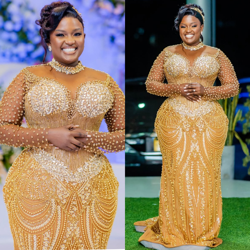 2025 Plus Size Gold Prom Dress Evening Dresses Formal Gowns Illusion Mermaid High Neck Long Sleeves Beaded lace Crystals Birthday Dress Second Recepti
