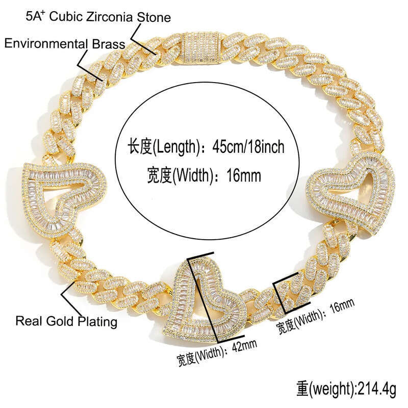 Mens Heavy Hip Hop Chians 16mm 16-22inch Gold Plated Baguette CZ Hearts Cuban Chain Necklace Gift for Friends