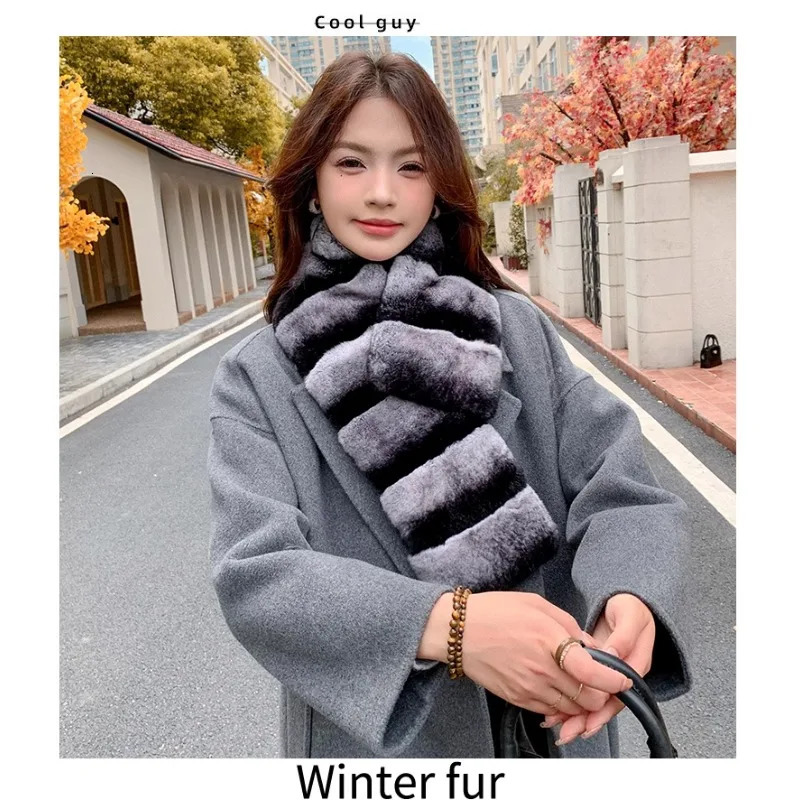 Winter Rex rabbit hair scarf lazy casual versatile real plush warm fur scarf chinchilla color women 250929