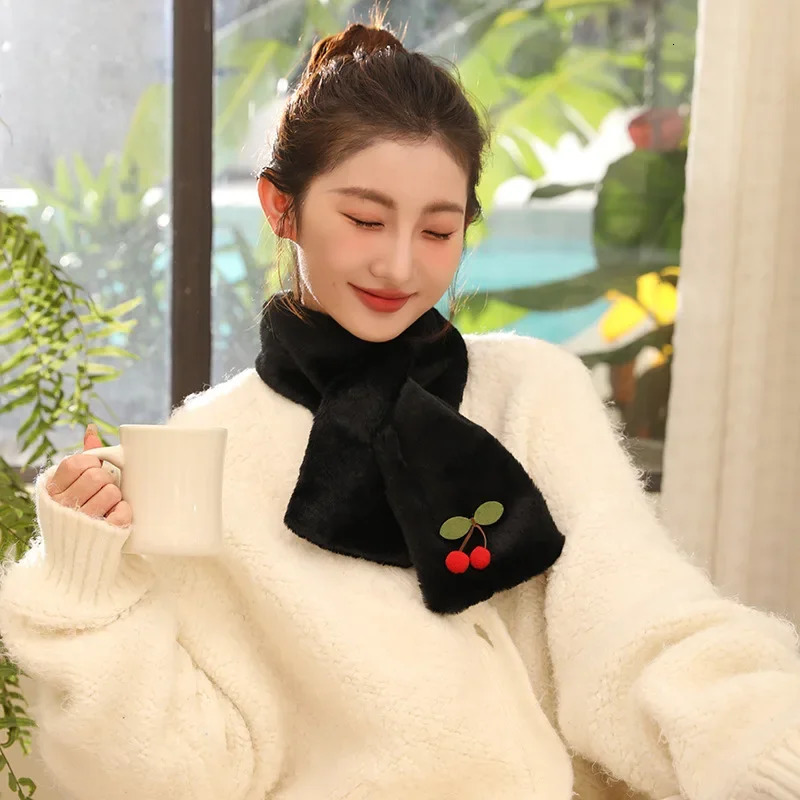 FANAN Winter Rabbit Fur Scarf Women Thickened Warm Cherry Decorative Scarf Cute Pink Comfortable Plush Scarf 250929