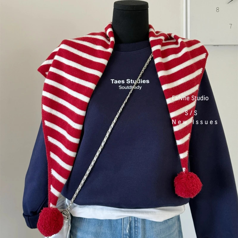 Cute Striped Triangle Scarf with Pom Women Autumn Winter Shawl Neck Warm Chic Scarves for Ladies Small Knit Triangular Scarf 250930
