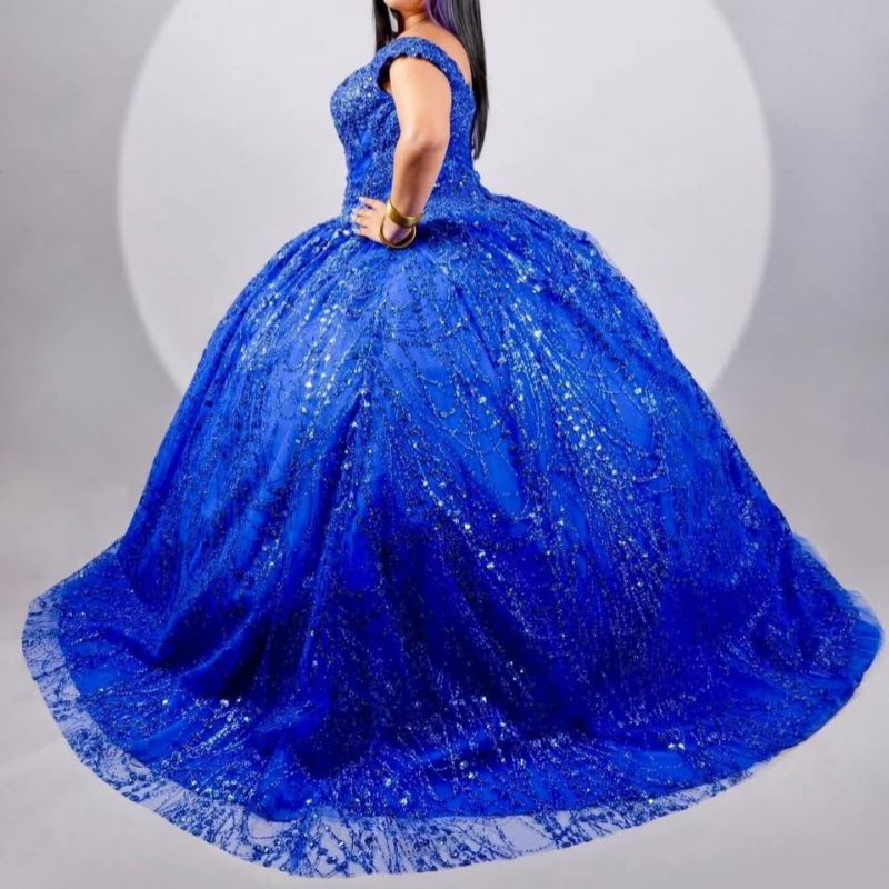 Royal Blue Shiny Quinceanera Dresses Off The Shoulder Sequin Applique Lace Beading Crystal Tull Party Birthday Sweet 16 Dress Vestidos 15 De Anos