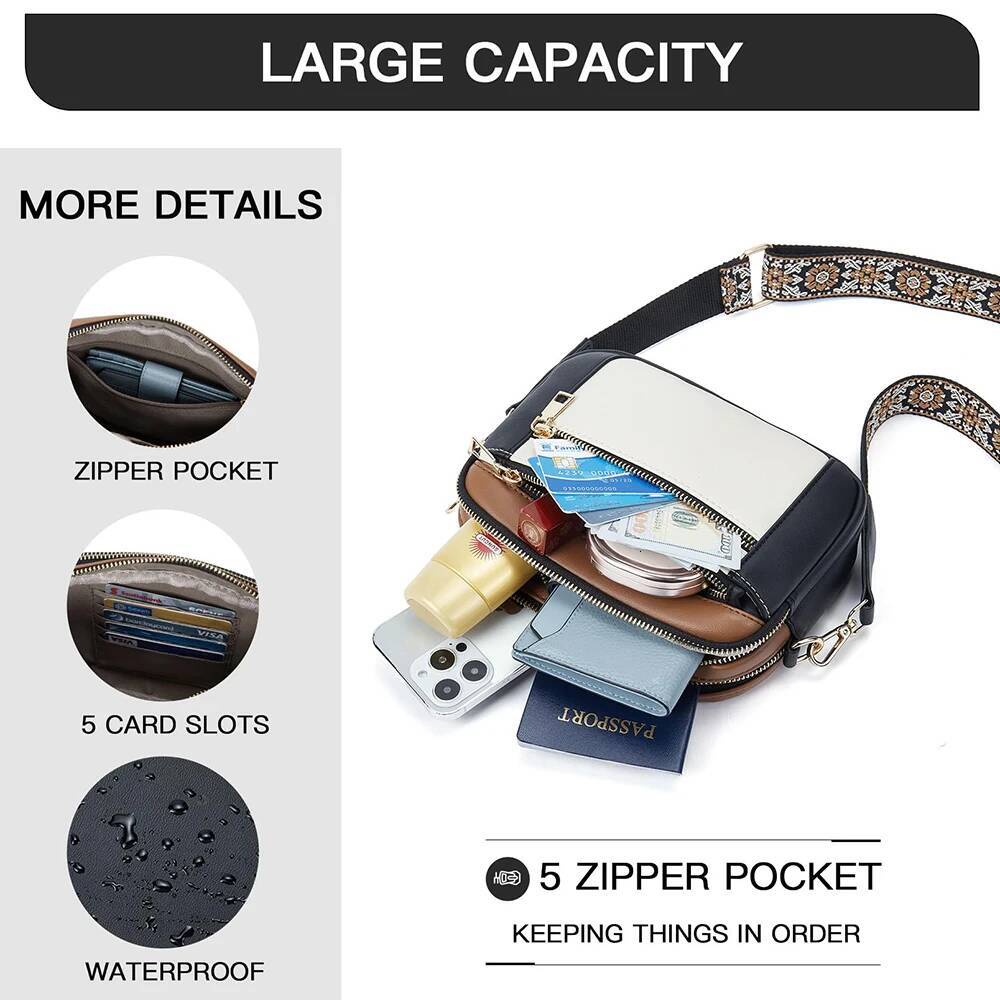 Stylish Wide Shoulder Bag Women's Multiple Pockets Faux Leather Crossbody Bags Adjustable Strap Travel Handbag Purse high-quality